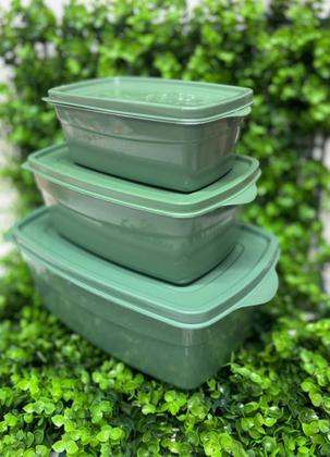 Imagem de Kit Conjunto Jogo de 3 Potes Verde Retangular Com Tampa Para Mantimentos Cozinha