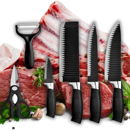 Imagem de Kit Conjunto Jogo De Facas Antianderente Kit 6 Peças Chef Cozinha Aço Inoxidável Churrasco