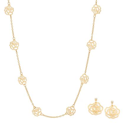 Imagem de Kit Conjunto Presente Feminino Rommanel Colar + Brincos Rosas Vazadas + Embalagem