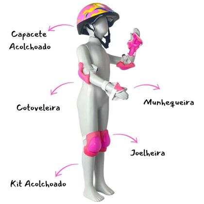 Imagem de Kit Conjunto Proteção Segurança Infantil Zippy Toys Capacete Joelheiras Cotoveleiras Rosa Menina Skate Patins Patinete