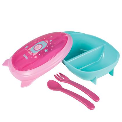 Imagem de Kit conjunto refeição infantil introdução alimentar bebe papinha com talher copinho e babador foguete buba