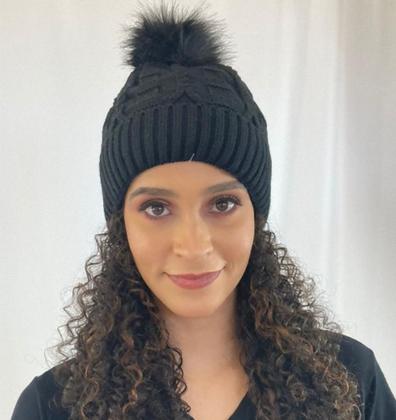 Imagem de Kit Conjunto Uma Touca + Um Par de Luva Gorro Forrado Chapéu de Lã Com Pompom