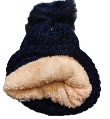Imagem de Kit Conjunto Uma Touca + Um Par de Luva Gorro Forrado Chapéu de Lã Com Pompom