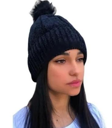 Imagem de Kit Conjunto Uma Touca + Um Par de Luva Gorro Forrado Chapéu de Lã Com Pompom