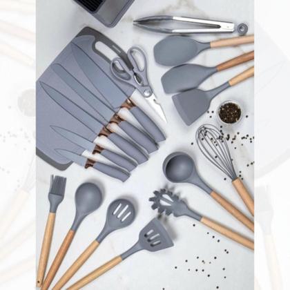 Imagem de Kit Conjunto Utensílios Cozinha Silicone Faca Tábua 19 Pçs