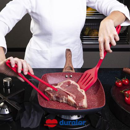 Imagem de Kit Conjunto Utensílios Cozinha Silicone Resistente 6 Peças Colher Espátula Pegador Vermelho Duralar