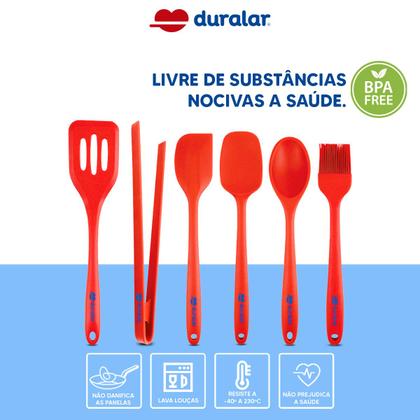 Imagem de Kit Conjunto Utensílios Cozinha Silicone Resistente 6 Peças Colher Espátula Pegador Vermelho Duralar
