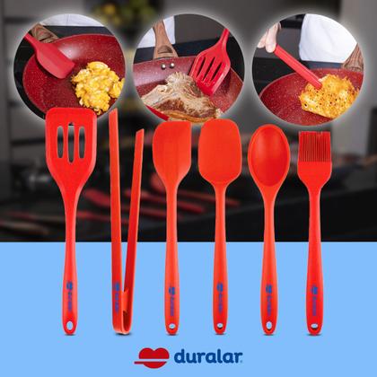 Imagem de Kit Conjunto Utensílios Cozinha Silicone Resistente 6 Peças Colher Espátula Pegador Vermelho Duralar
