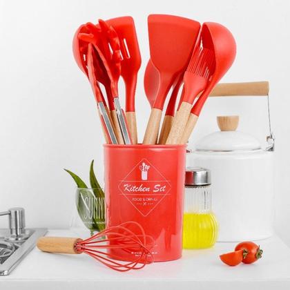 Imagem de Kit Conjunto Utensílios de Cozinha 12 pçs Colheres de Silicone Vermelho Cabo de Madeira Bamboo Conjunto Colher Silicone Não Derrete