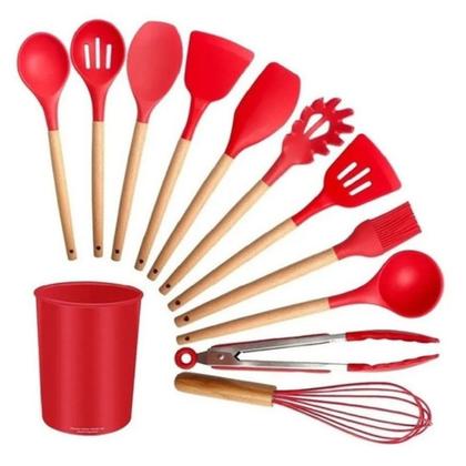 Imagem de Kit Conjunto Utensílios de Cozinha 12 pçs Colheres de Silicone Vermelho Cabo de Madeira Bamboo Conjunto Colher Silicone Não Derrete