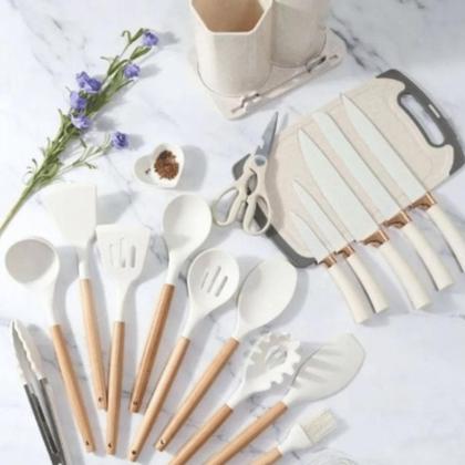 Imagem de Kit Conjunto Utensílios Silicone Facas Tabua De Cortar 19 Peças Cozinha