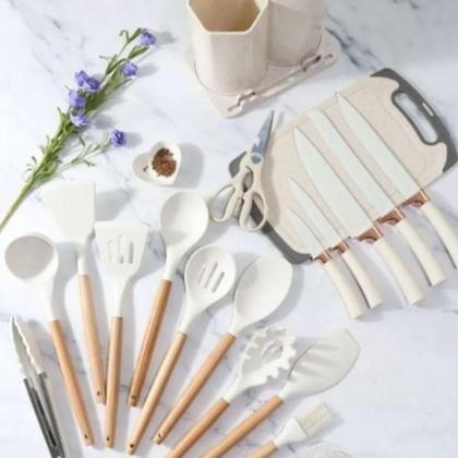 Imagem de Kit Conjunto Utensílios Silicone Facas Tabua De Cortar 19 Peças Cozinha Moderna