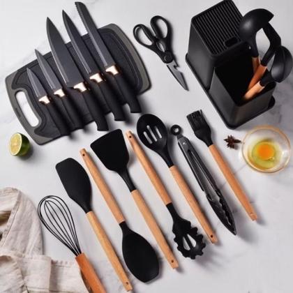 Imagem de Kit Conjunto Utensílios Silicone Facas Tabua De Cortar 19 Peças Cozinha Moderna