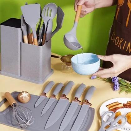 Imagem de Kit Conjunto Utensílios Silicone Facas Tabua De Cortar 19 Peças Cozinha Moderna