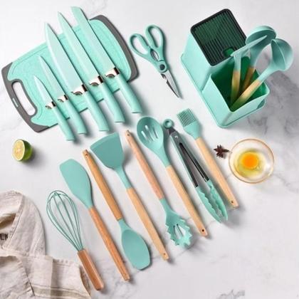 Imagem de Kit Conjunto Utensílios Silicone Facas Tabua De Cortar 19 Peças Cozinha Moderna