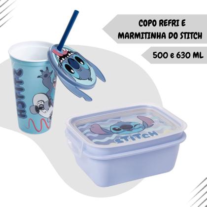 Imagem de Kit copo marmita tampa canudo stitch 630ml 500ml orelha divisoria