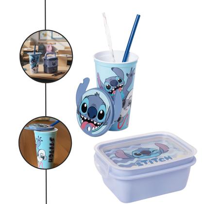 Imagem de Kit copo marmita tampa canudo stitch 630ml 500ml orelha divisoria