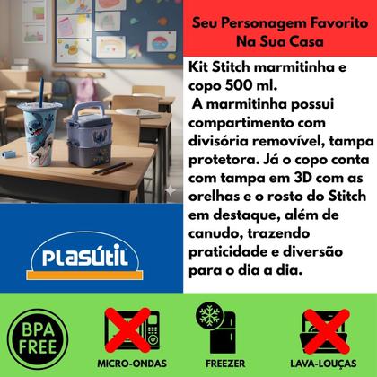 Imagem de Kit copo marmita tampa canudo stitch 630ml 500ml orelha divisoria