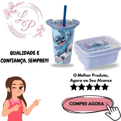 Imagem de Kit copo marmita tampa canudo stitch 630ml 500ml orelha divisoria