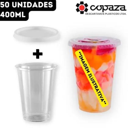 Imagem de Kit Copo Plástico Transparente Liso 400mL + Tampa Plástica Lisa / Kit com 50und