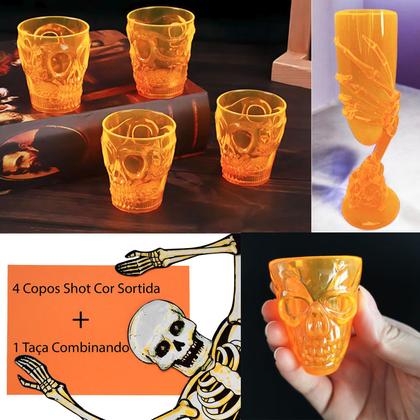 Imagem de Kit Copo Taça Caveira + 4 Mini Shot + 2 Mãos Esqueleto + 3 Bastões Led Festa Halloween Bar Decoração: 10 Produtos