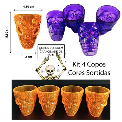 Imagem de Kit Copo Taça Caveira + 4 Mini Shot + 2 Mãos Esqueleto + 3 Bastões Led Festa Halloween Bar Decoração: 10 Produtos