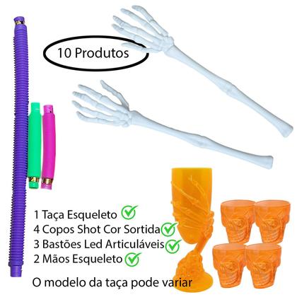 Imagem de Kit Copo Taça Caveira + 4 Mini Shot + 2 Mãos Esqueleto + 3 Bastões Led Festa Halloween Bar Decoração: 10 Produtos