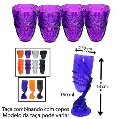 Imagem de Kit Copo Taça Caveira + 4 Mini Shot + 2 Mãos Esqueleto + 3 Bastões Led Festa Halloween Bar Decoração: 10 Produtos