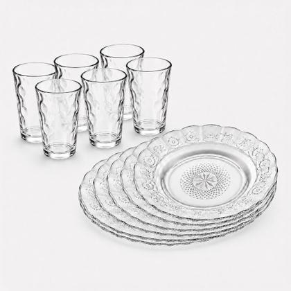 Imagem de Kit Copos e Pratos de Vidro 12 ou 24 Peças para Mesa Posta Sobremesas e Bebidas