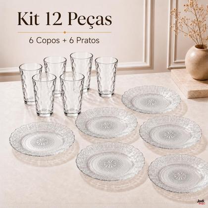 Imagem de Kit Copos e Pratos de Vidro 12 ou 24 Peças para Mesa Posta Sobremesas e Bebidas