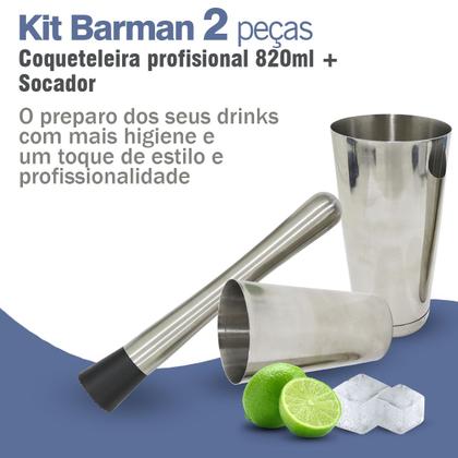 Imagem de Kit Coqueteleira Boston  820ML Profissional E Socador Aço Inox Drinks Caipirinha Bartender 