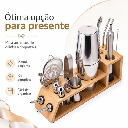 Imagem de Kit coqueteleira presente bartender barhome em aço inox e suporte de bambu 17 peças