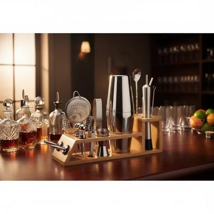 Imagem de Kit coqueteleira presente bartender barhome em aço inox e suporte de bambu 17 peças