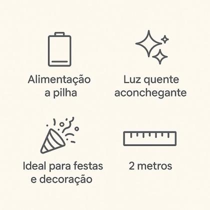 Imagem de Kit Cordão de Luz LED 2 Metros 20 LEDs Branco Quente Flexível Portátil com 2 Pilhas AA Incluso  Ideal para Decoração de Ambientes