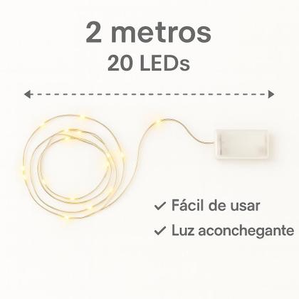 Imagem de Kit Cordão de Luz LED 2 Metros 20 LEDs Branco Quente Flexível Portátil com 2 Pilhas AA Incluso  Ideal para Decoração de Ambientes