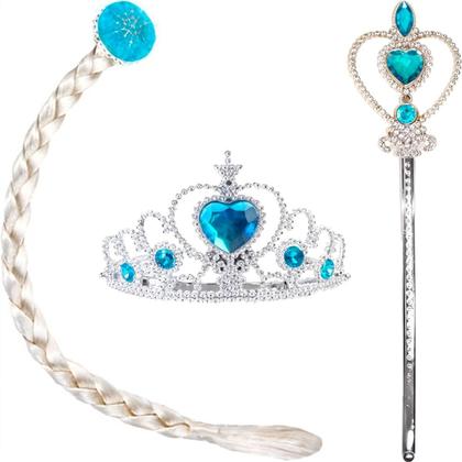 Imagem de Kit Coroa de Princesa Infantil Tiara Coroa Varinha Mágica e Trança pra Menina