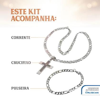 Imagem de kit corrente Masculina crucifixo Prata inox pai nosso aço original  + pulseira presente