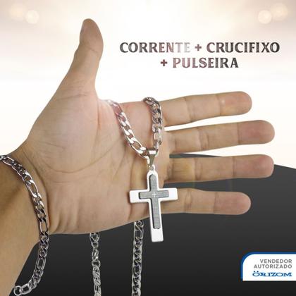 Imagem de Kit Corrente masculina Prata Crucifixo Com Pulseira  Aço Inox  presente correntinha resistente