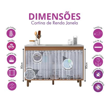 Imagem de Kit Cortina De Cozinha Em Renda Para Janela e Pia Armário Balcão de Renda Tulipa