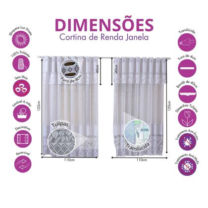 Imagem de Kit Cortina De Cozinha Em Renda Para Janela e Pia Armário Balcão de Renda Tulipa