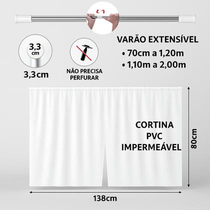 Imagem de Kit Cortina Pia Cozinha Impermeável Blackout + Varão extensível Pressão 70 a 1,20 m