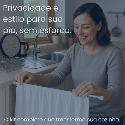 Imagem de Kit Cortina Pia Cozinha Impermeável Blackout + Varão extensível Pressão 70 a 1,20 m