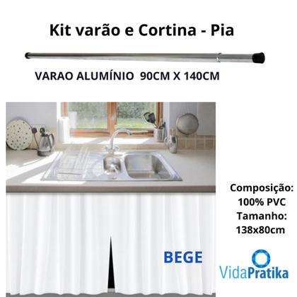 Imagem de KIT cortina PIA + Varão em aluminio 90cm até 140cm - bege