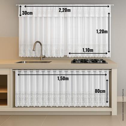 Imagem de Kit Cortinas Para Cozinha Renda Tulipas  Cortina Janela 1,20x2,20 Cortina Pia 80x150 Capa Botijão Padrão