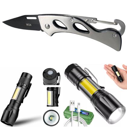 Imagem de Kit cotendo 1 faca militar 1 canivete tático e lanterna potente de mão