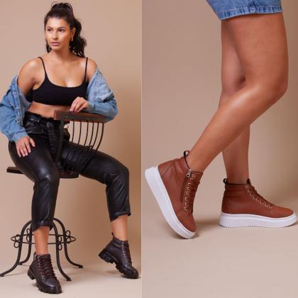 Imagem de Kit Coturno Feminino Caramelo + Bota Tratorada Marrom.