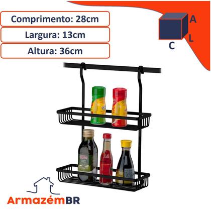 Imagem de Kit Cozinha 2 Peças Barra De Parede 45cm Suporte Duplo Porta Temperos Condimentos Preto Fosco - Future