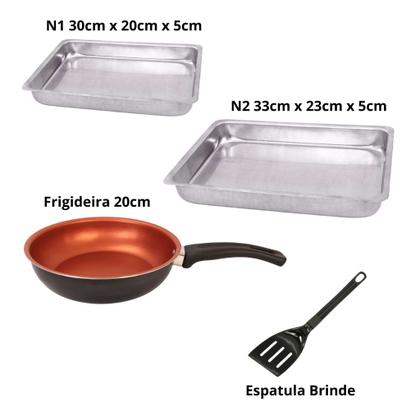 Imagem de Kit Cozinha Alumínio - 1 Forma Retangular N1 - 1 Forma Retangular N2 + Frigideira 20cm Antiaderente