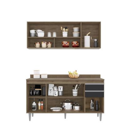 Imagem de Kit Cozinha Balcão Ayla e Aéreo 150cm C/ Tampo Freijó com Preto - Belliv Decor