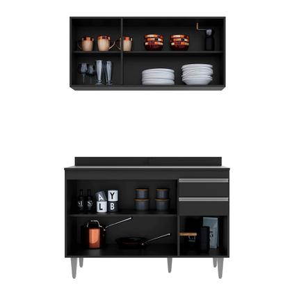 Imagem de Kit Cozinha Balcão e Aéreo 120cm S/ Tampo Preto - Vallisa Decor